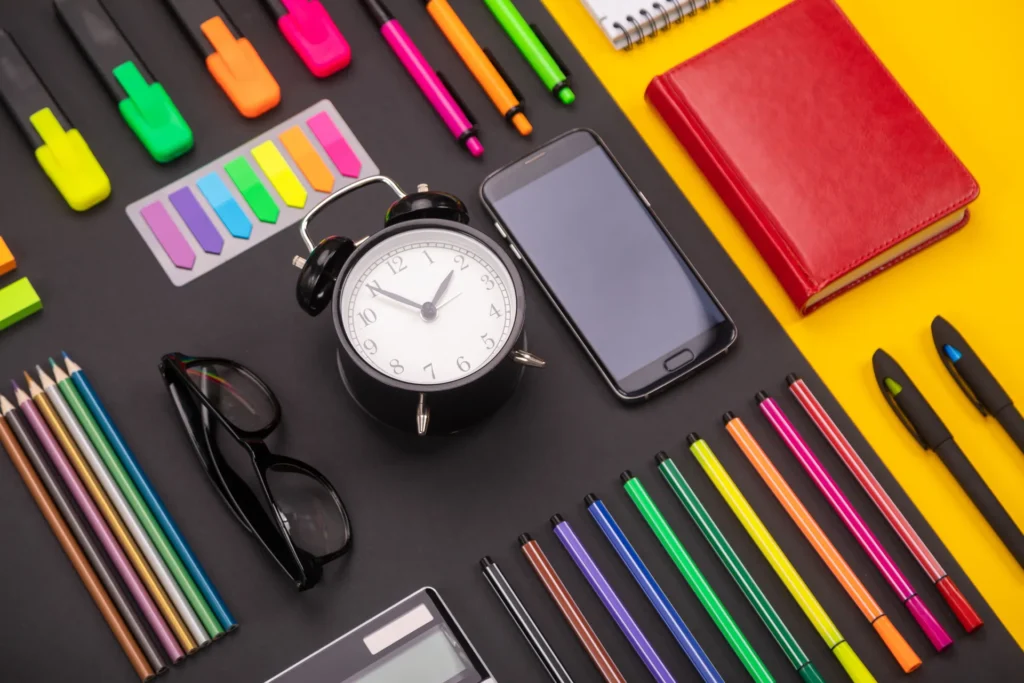 Colourful learning materials and resources on a desk