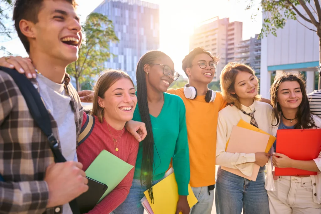 Diverse university students posing together